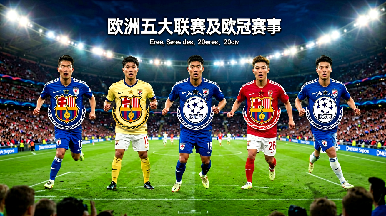欧洲五大联赛及欧冠赛事封面，展示各联赛球队与赛场氛围